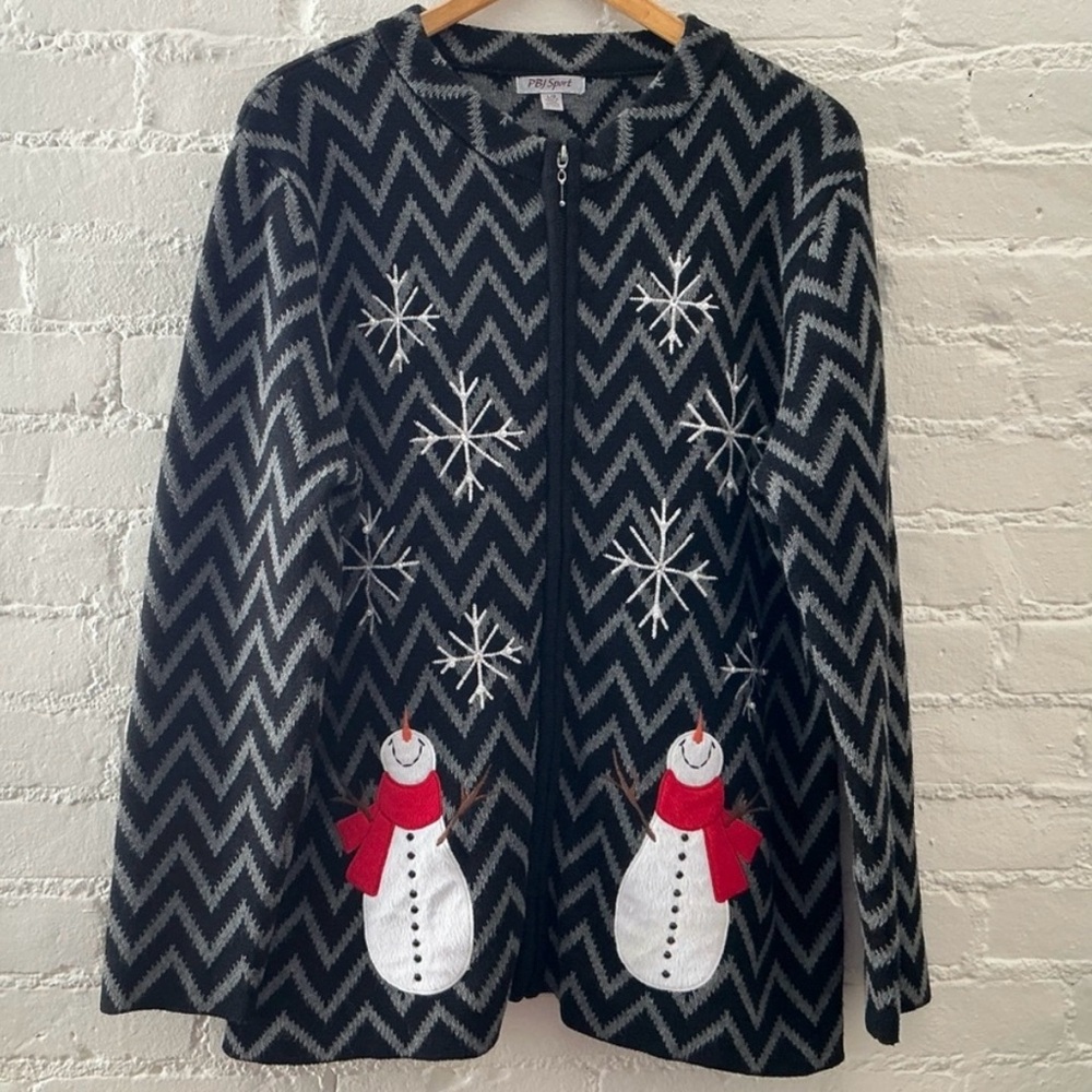 Vintage Holiday Sweater Full Zip Cardigan Embroidered Snowmen Snowflakes Cotton